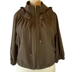 Chicos Bomber Spring jacket Ruffle Collar Kahki‎ Green Size 18